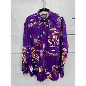 VTG Lone Roo 90s Men Western Cowboy Rodeo Shirt XXL All Over Print Button Up USA